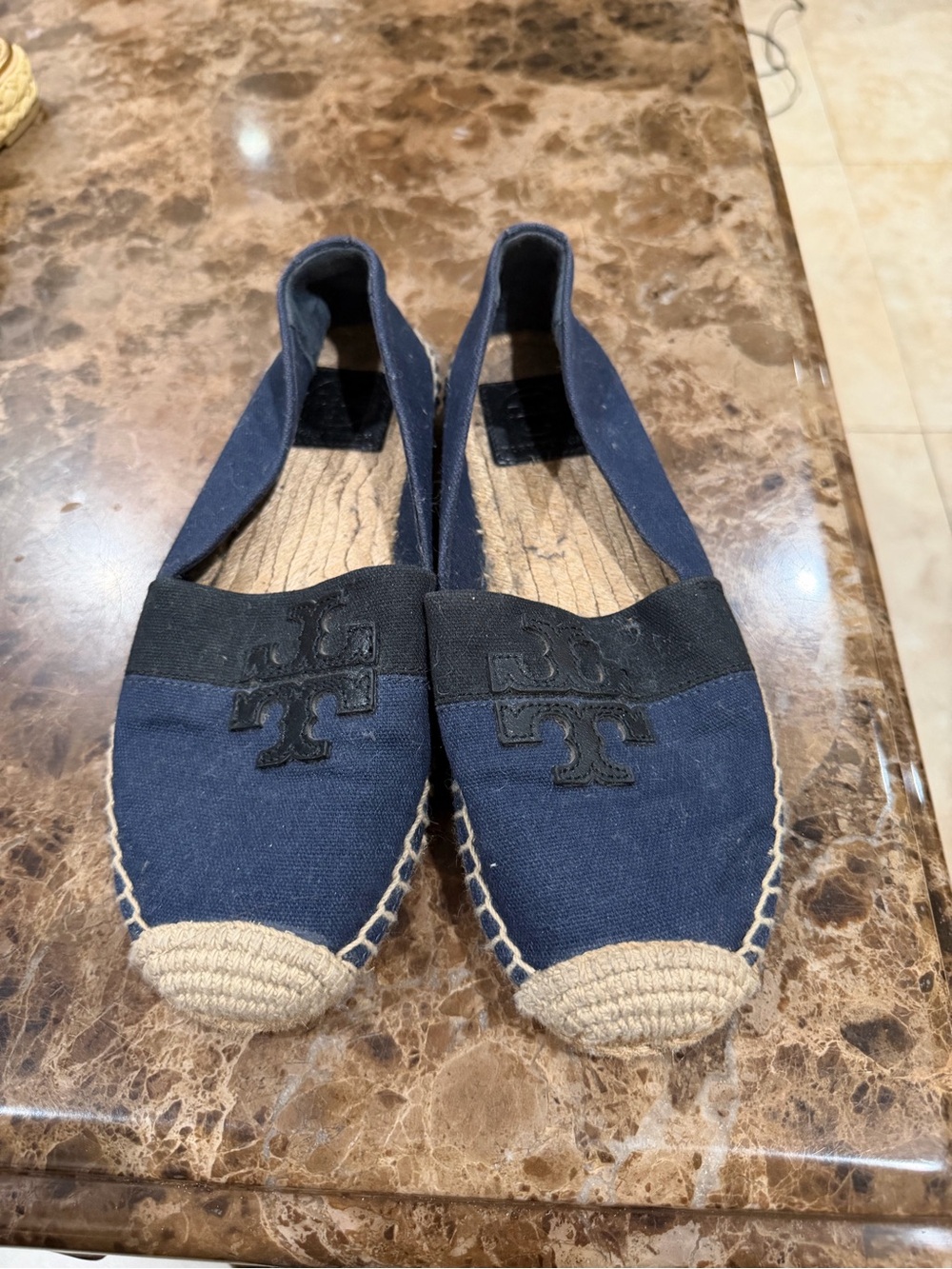 Tory Burch Navy Canvas Espadrille Flats with Black Logo Band